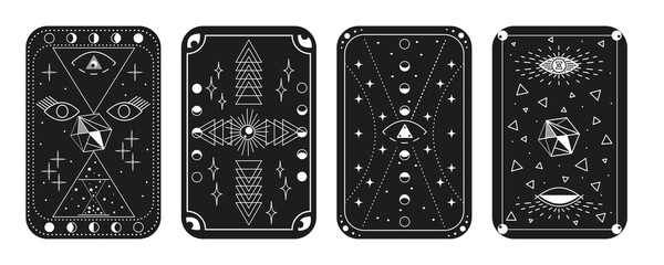 Template of drawings for Tarot cards. Set of magic items, hourglass, crystal. Opening of third eye of soul, phases of moon, celestial spheres, stars. Vector illustration for design of esoteric science