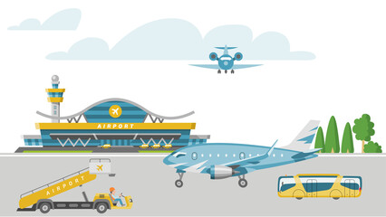 Concept airport banner, airstrip with passenger aircraft, service airfield vehicle cartoon vector illustration. Plane land international terminal, bus picks up tourist. Travel around global earth.