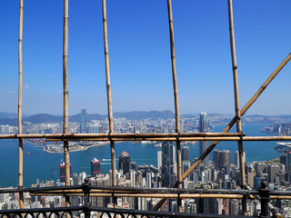 Bamboo scaffolding structure at the Peak of Hong Kong, overlooking Victoria Harbor