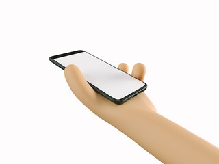 Phone in hand. Blank white screen on the phone. Mockup. 3d rendering. 3d illustration. 3d hand - 414126696