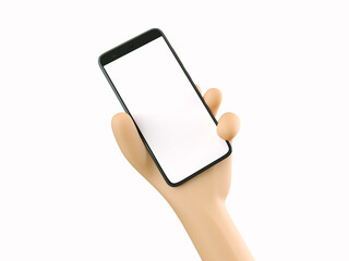 Phone in hand. Blank white screen on the phone. Mockup. 3d rendering. 3d illustration. 3d hand - 414126826
