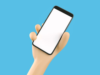 Phone in hand. Blank white screen on the phone. Mockup. 3d rendering. 3d illustration. 3d hand - 414126884
