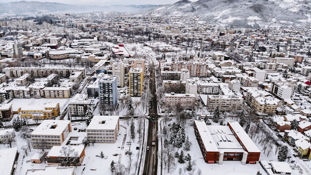 Buildings and streets covered with snow in the winter in Banja Luka, Bosnia and Herzegovina