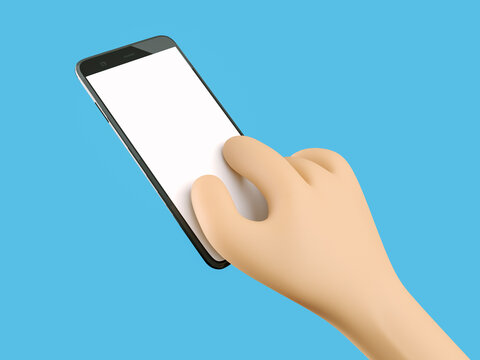 Phone in hand. Blank white screen on the phone. Fingers magnify the screen. Mockup. 3d rendering. 3d illustration. 3d hand