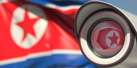 CCTV camera and flag of North Korea. National surveillance system conceptual 3D rendering