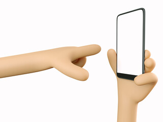 Phone in hand. Blank white screen on the phone. Finger points to phone screen. Mockup. 3d rendering. 3d illustration. 3d hand - 414127457