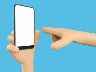 Phone in hand. Blank white screen on the phone. Finger points to phone screen. Mockup. 3d rendering. 3d illustration. 3d hand - 414127611
