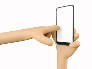 Phone in hand. Blank white screen on the phone. Finger points to phone screen. Mockup. 3d rendering. 3d illustration. 3d hand - 414127682