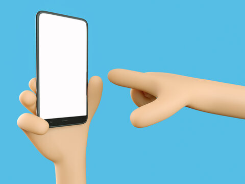 Phone in hand. Blank white screen on the phone. Finger points to phone screen. Mockup. 3d rendering. 3d illustration. 3d hand