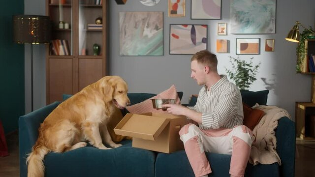 Man opening online delivery box with his retriever dog, e-commerce shopping for pets, food and toys gift for small animal friends, redhead british student and his puppy receive post