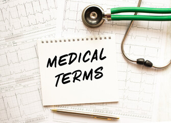 Stethoscope with cardiogram and notepad with text BEST MEDICAL TERMS. Medical concept.