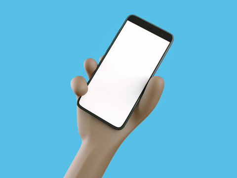 Phone in hand. Blank white screen on the phone. Mockup. 3d rendering. 3d illustration. 3d hand