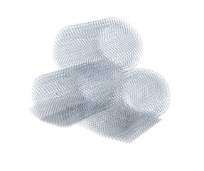 Aluminium chainlink net rolled up in three stacks, 3d illustration