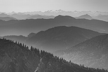 Beautiful black and white alpine summer view at the famous Hochfelln summit, Bergen, Bavaria, Germany