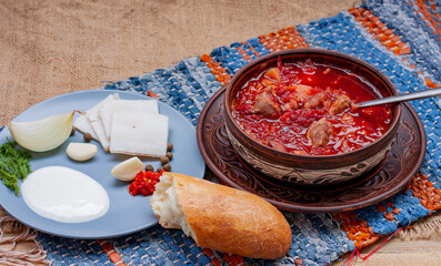 Borscht. Traditional Ukrainian red vegetable beetroot soup 