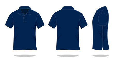 Navy blue short sleeve polo shirt template on white background.Front, back and side view, vector file.