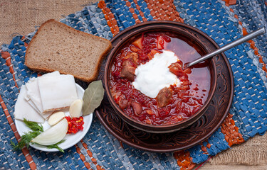 Borscht. Traditional Ukrainian red vegetable beetroot soup 