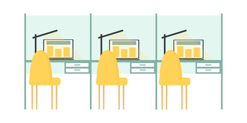 A Line Of Similar Booths for One Person At Work, An Infographic Illustration Of A Coworking Space. Rent an office. Illustration in the flat style.