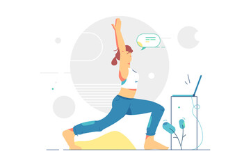 Woman doing morning yoga in suit vector illustration. Girl stretching body with hands up at home flat style. Healthy lifestyle, sport and activity concept. Isolated on white background