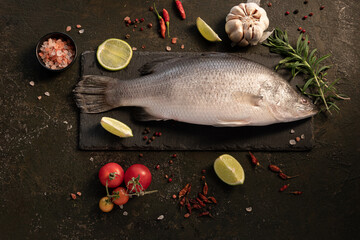Raw fish, sea bass on slate with lemon, herbs, chili pepper,tomato , spices and sea salt black board. Ingredients for cooking, grill, roasting. Top view