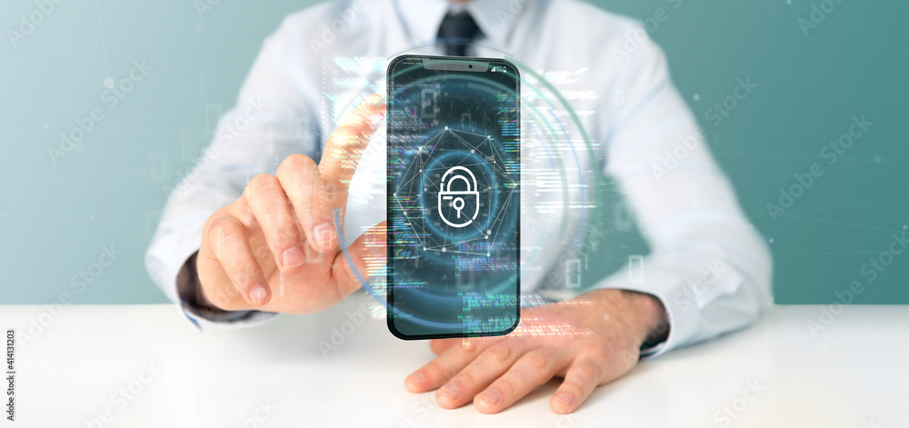 Poster businessman holding security data and smartphone security - 3d rendering