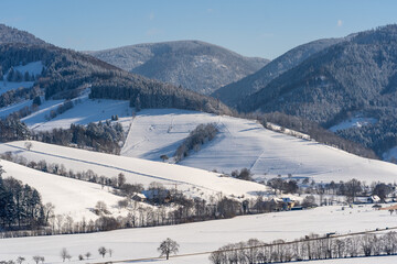 beautiful view over kirchzarten and oberried towards the popular mountains of the black forest stollenbach and hinterwaldkopf