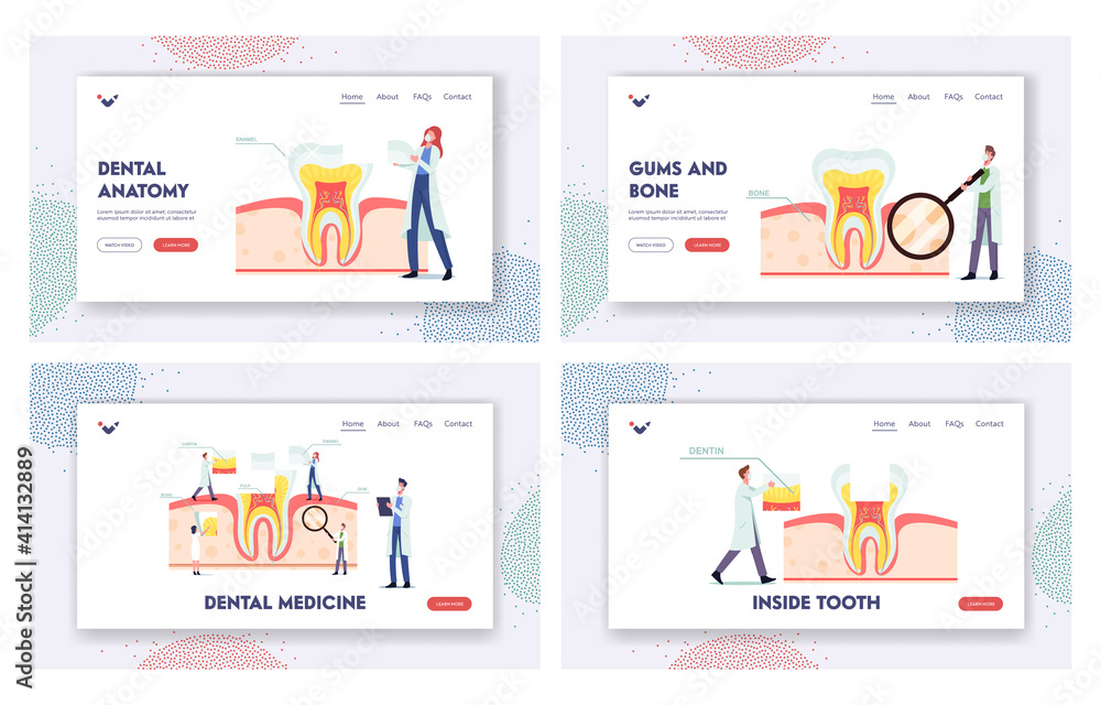 Poster teeth anatomy and structure landing page template set. tiny dentists characters at huge tooth infogr