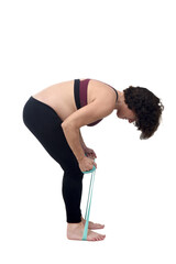 sideways of a pregnant woman standing doing exercise resistance bands on white background