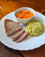 Tuna steak with mashed potatoes and carrot