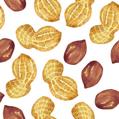 Seamless pattern of peanut on white background. Hand drawing illustration. Perfect for digital paper, design menu, food decoration.