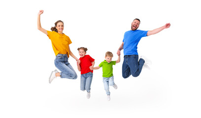 Fototapeta na wymiar Delighted family jumping together in studio