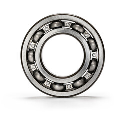 A clean new metal ball bearing against a white background.