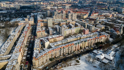 Szczecin, 15.02.2021 panorama of the city, Niebuszewo district, view from the park, the helm, Art Nouveau tenement houses