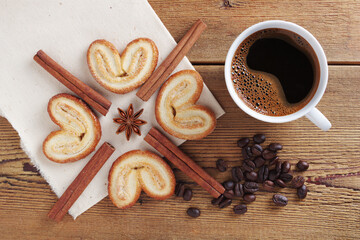 Heart-shaped cookies and coffee