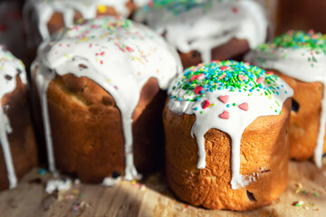 Many Traditional eastern europe Russian and ukrainian Easter cake kulich decorated with sweet sugar icing on wooden table morning sunlight ray. Tasty handmade christian orthodox holiday paska bread