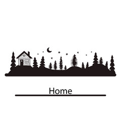 Naklejka premium Silhouette hill countryside banner house on background mountains. Vector black white illustration. Cute house sunset in rocks isolated on white background.