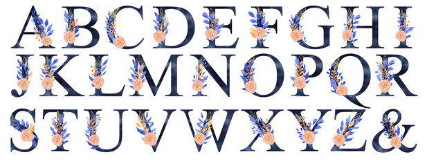 Watercolor Navy Blue Floral Alphabet Set Collection with blue and orange foliage and rose composition. Wedding invitations, baby shower, sublimation design, birthday, other concept ideas.