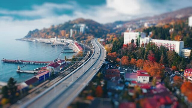Road to Sochi aerial. Aerial view of the highway to the city of Sochi along the Black Sea coastline