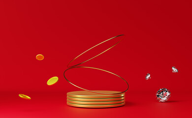 podium empty with gold coins and diamonds in red composition for modern stage display and minimalist mockup ,abstract showcase background ,Concept 3d illustration or 3d render