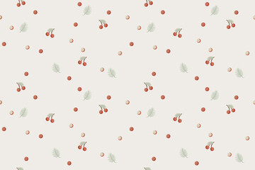 Abstract seamless pattern with cherries, leafs and dots. Repetitive vector illustration.