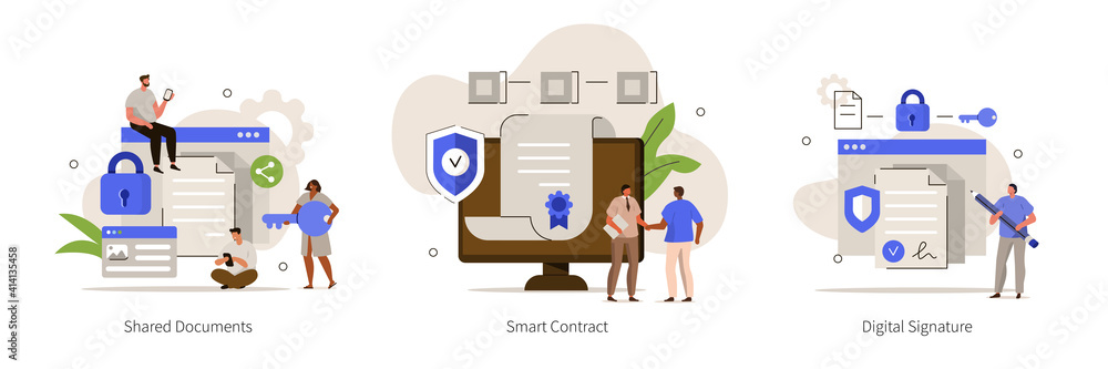 Poster characters using cyber security services to share documents, contracts and protect personal data. sh