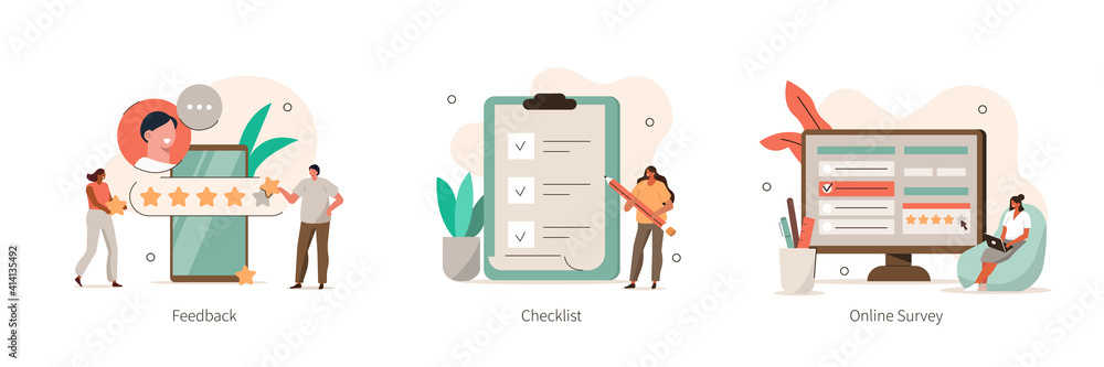 Poster various online survey and rating icons. characters filling survey form, putting check marks on check