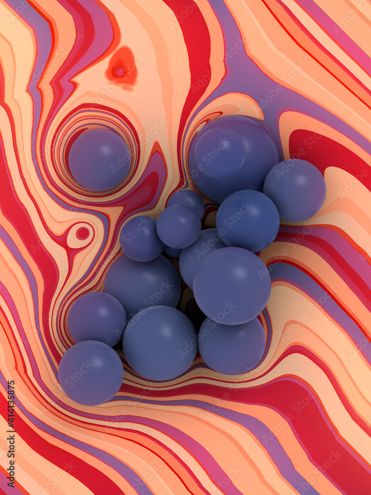 Poster modern 3d rendering digital illustration with a group of balls on a striped surface for cover design