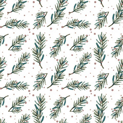 Stylish seamless botanical New Year and Christmas pattern for gift wrapping, backgrounds, fabrics, wallpapers. Watercolor nature evergreen branch elements with pink circles 