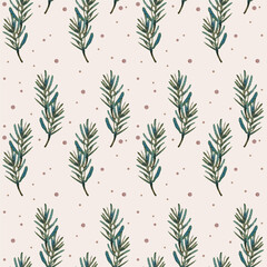 Stylish seamless botanical New Year and Christmas pattern for gift wrapping, backgrounds, fabrics, wallpapers. Watercolor nature evergreen branch elements with pink circles 