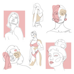 abstract woman face silhouettes in minimalist line art technique. logo for beauty salon, cosmetic, spa. feminine, vogue, intimate, sensual vector art drawing in nude and pink colors.