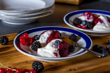 low calorie and sugar free berry sorbet with yogurt sauce