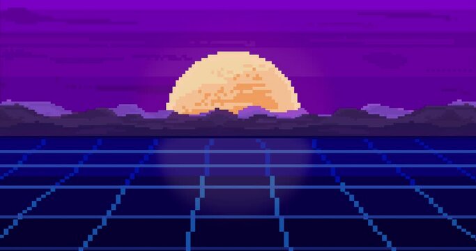 Animation of pixel city retro style, sunrise or sunset. 80s Retro Sci-Fi Background. Pixel art 8 bit video game