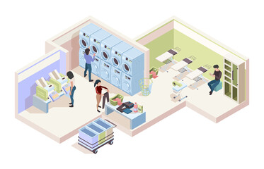 Industry laundry room. Isometric interior of cleaning service laundry house dry tools garish vector collection. Laundromat and laundry inside, clothing drying and folding illustration