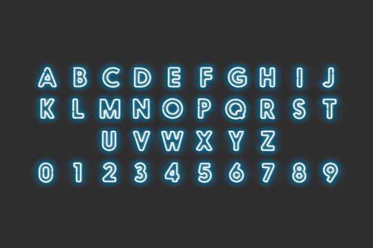 Neon capital letters and numbers, blue glow font